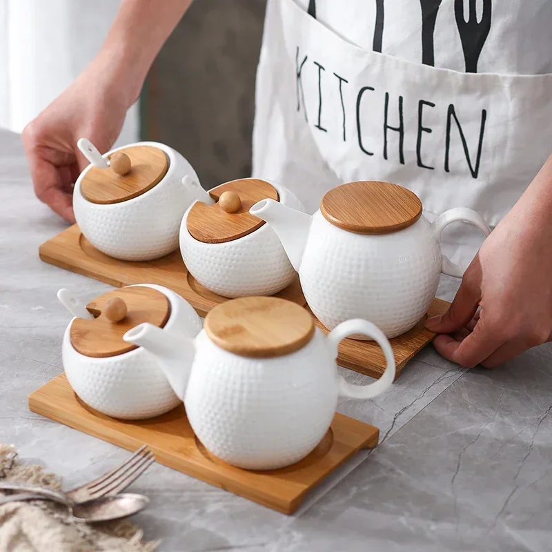 Seasoning Pot Seasoning Box Sugar Bowl Salt Pan Kitchen Supplies Ceramic Wooden Tray Bottle with Spoon