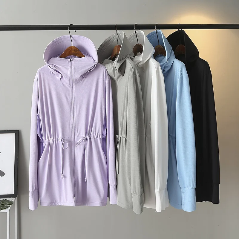 

UPF 50 + Быстросохнущий Женский Тренч с длинным рукавом Защита от УФ/солнца куртки для бега уличное длинное пальто с капюшоном эластичное