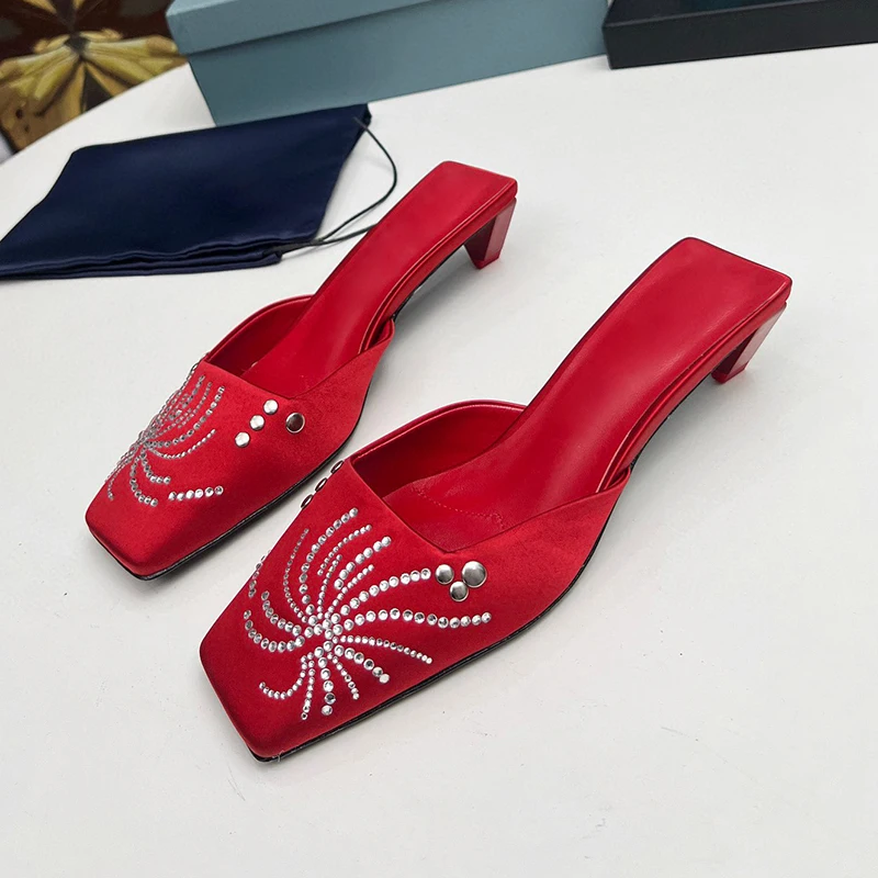 

Elegant Mid Heel Slippers Autumn New Crystal Decor Upper Apparent Thin Female Slippers Flower Design Square Toe Ladies Pumps