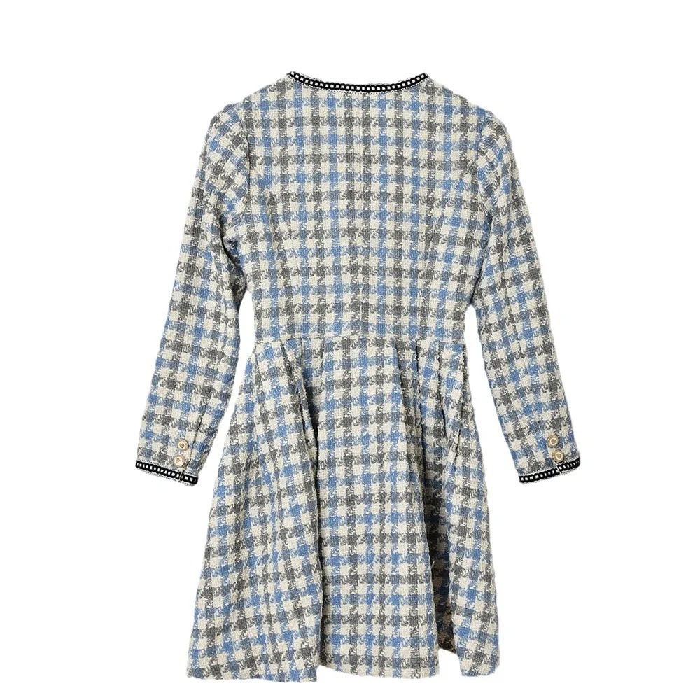 

Spring New Women Plaid Mini Robe A-Line V-Neck Long Sleeve Elegant Tweed Dress