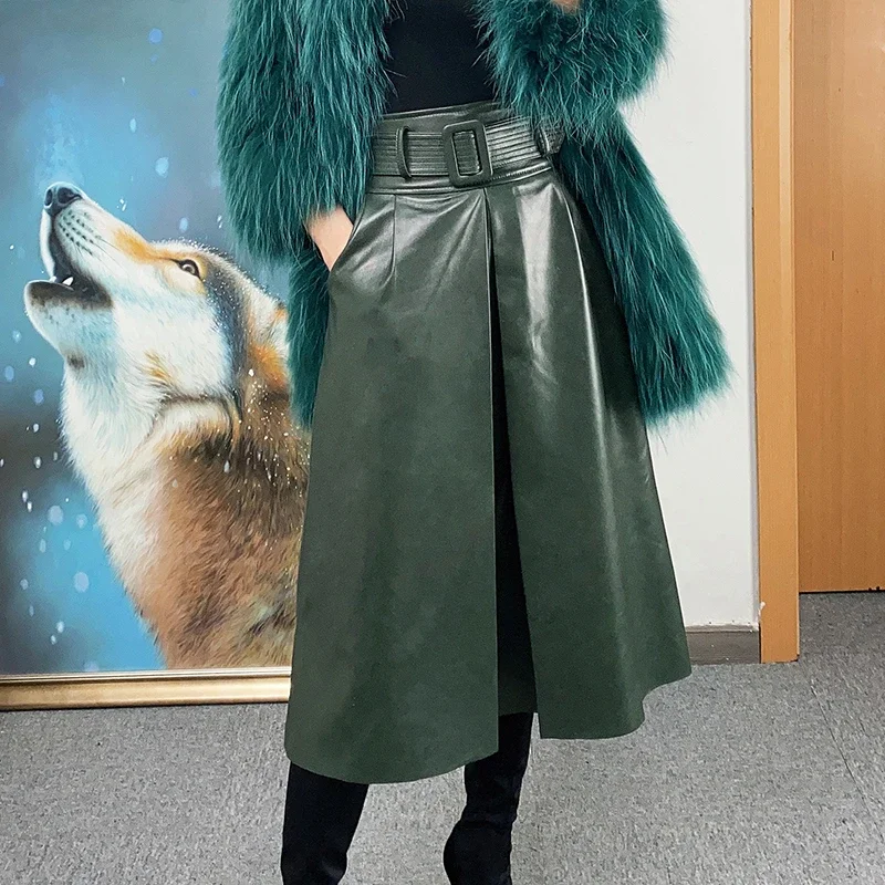 2023 Women New High Waist Genuine Sheep Leather Skirt Snow Pattern Real Sheepskin Leather Skirt with Belt E4