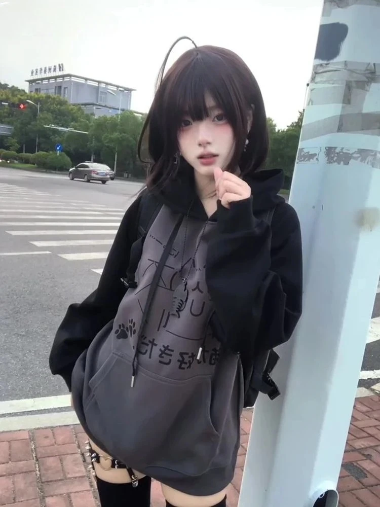 가을 일본 카와이 Y2k 미적 패치 워크 후드 여성 빈티지 만화 프린트 streetwear 하라주쿠 루즈 스웨트 탑 new - AliExpress