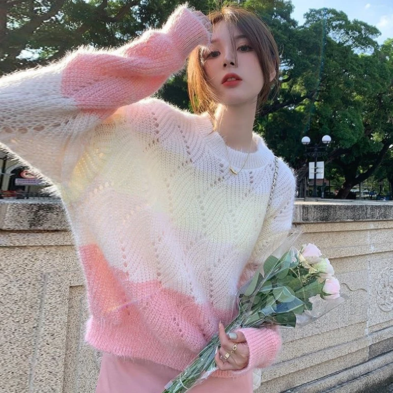 

Fashion Contrasting Hollow Out Pullover Sweater 2023 Autumn Winter O-Neck Striped Gradient Sweater Women's Loose Casual Sweater