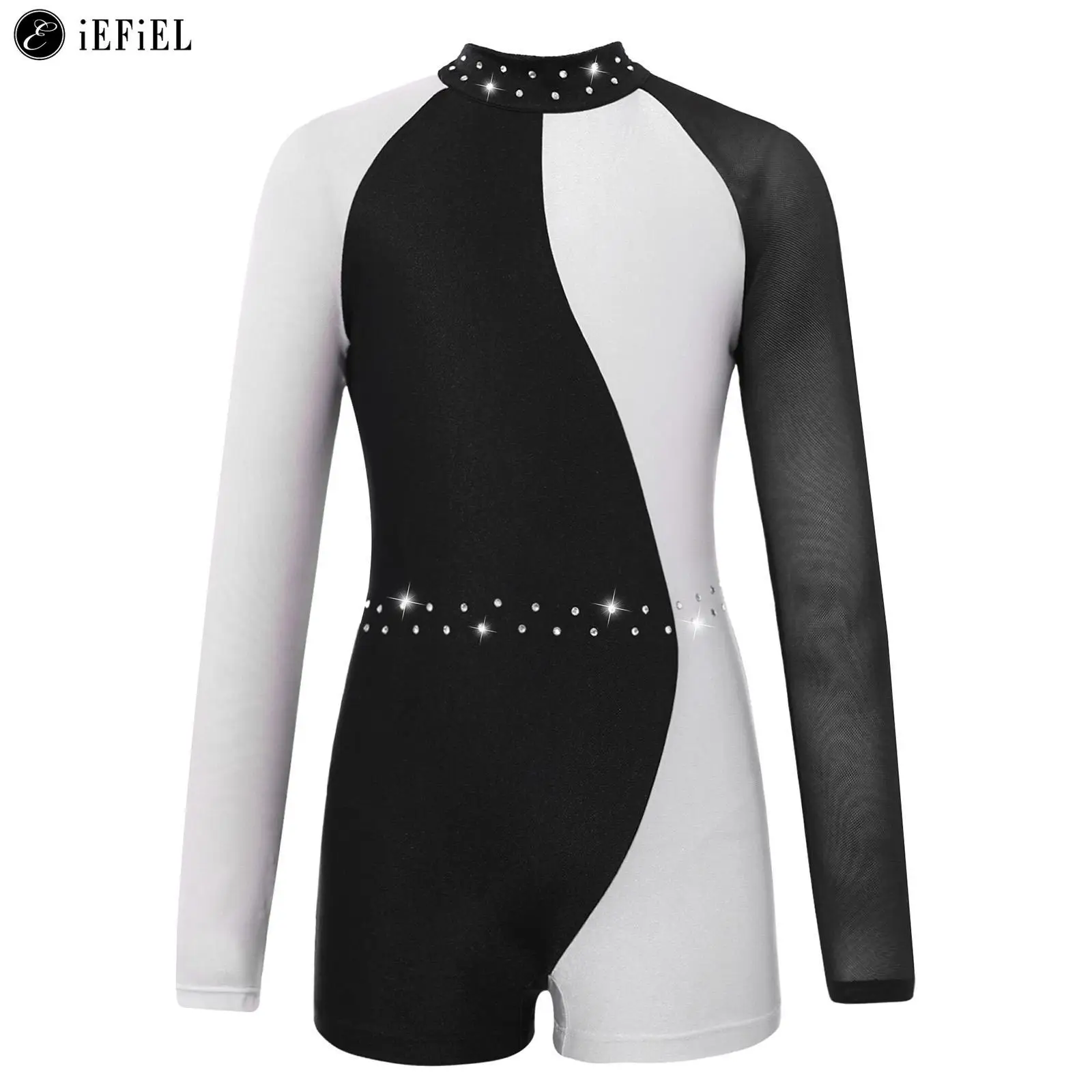 

Kids Girls Colorblock Rhinestone Long Sleeve Mock Neck Ballet Dance Unitard Gymnastics Figure Ice Skating Jumpsuit Dancewear