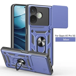 Slide Camera Lens Protector Armor Case with Military-Grade Bumpers and Ring Cover for OPPO A5 Pro 5G (Navy Blue)