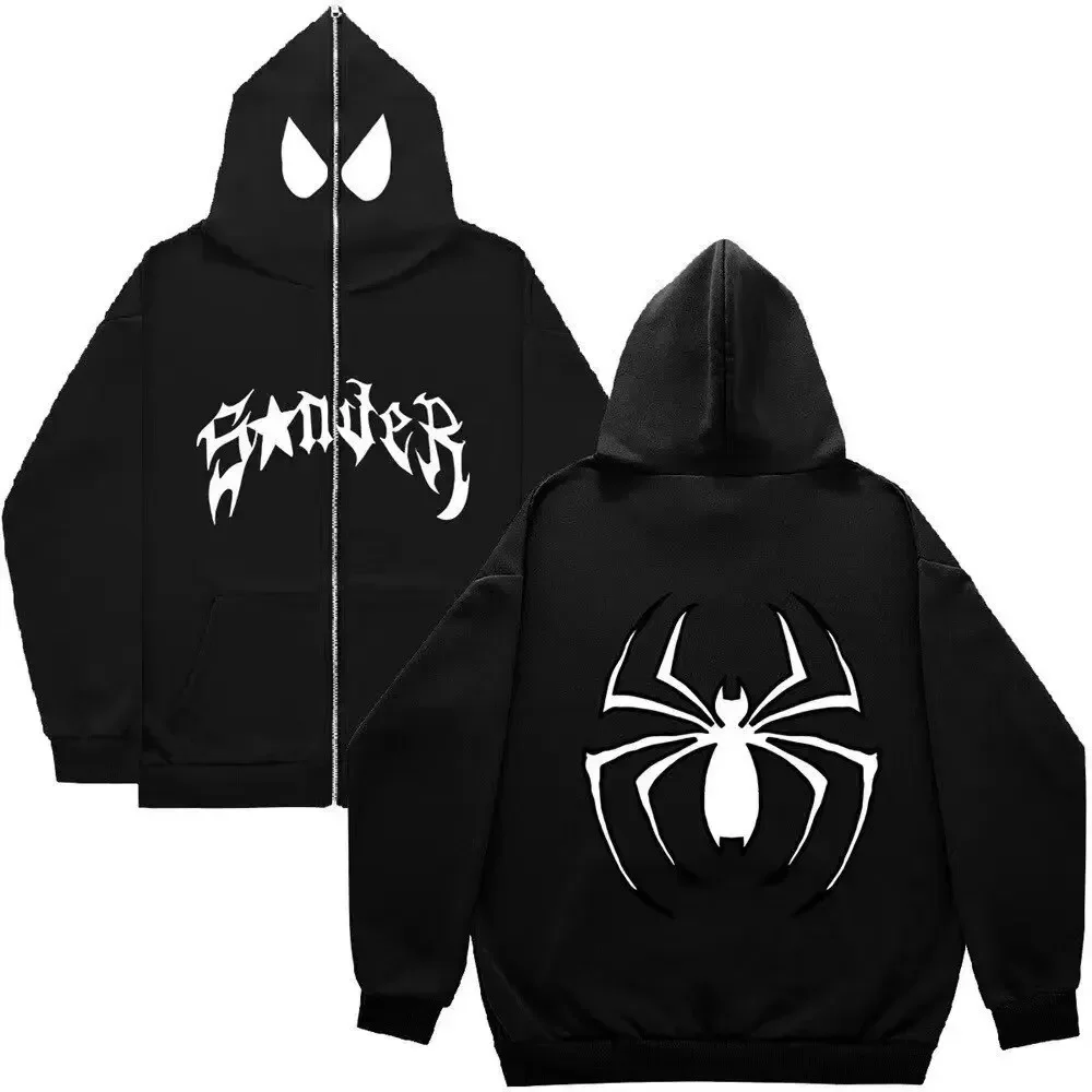 

Women Dark Spider Print Hoodie Pullover Hip Hop Punk Zipper Long Sleeve Jacket Winter Couple Casual Sweatshirt Men Y2K Clothes