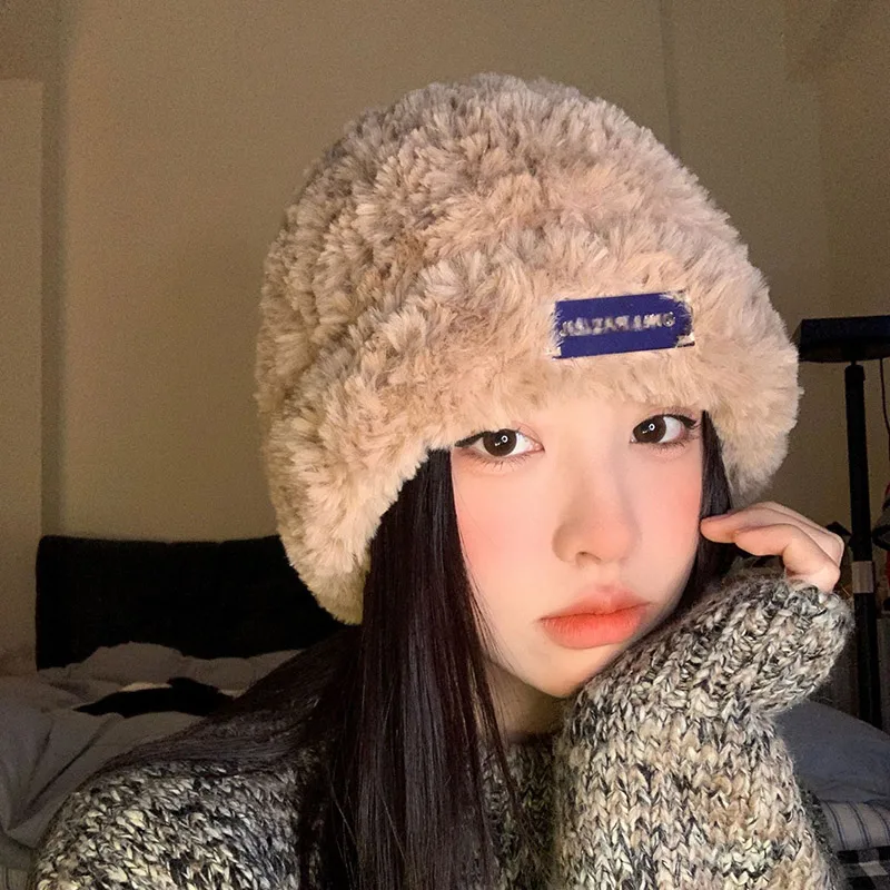 Plush Beanie Hat For Women Soft Thick Winter Knitted Warm Cap_voghion.com