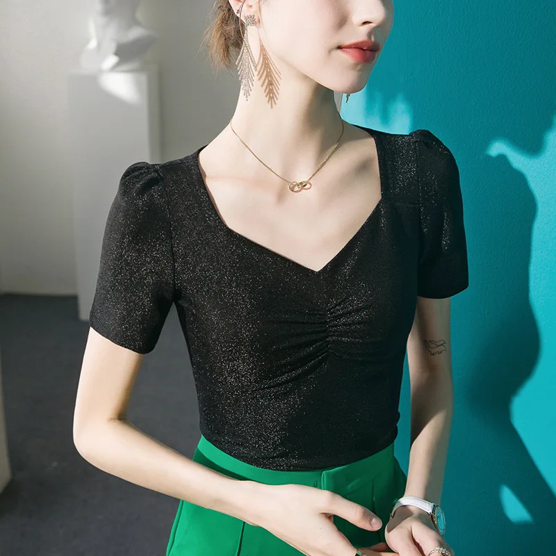 

HIgh Quality 2024 Women Top Shiner Splice Design Spring Summer T-shirt Female Clothing Sexy Crop Top Clothes Casual Blouse Y2k