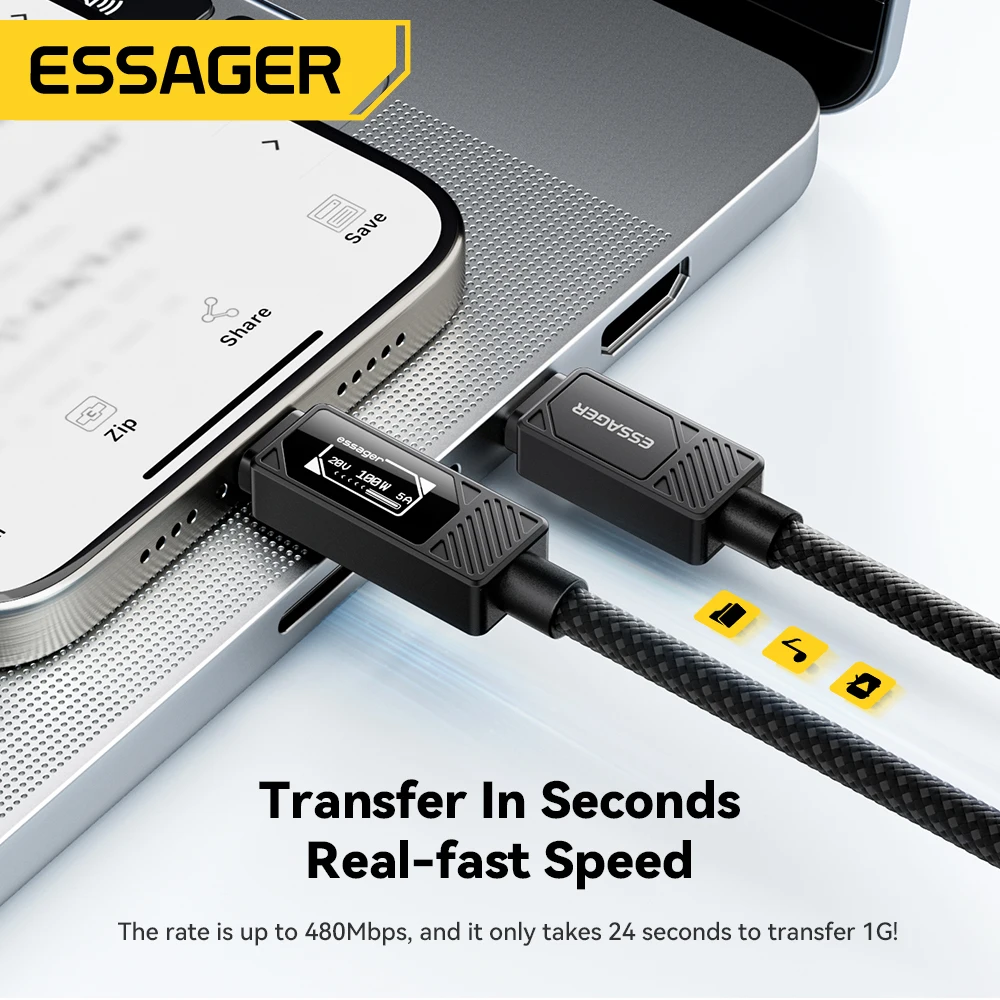 ESSAGER 100W Type C to C Cable With Digital Display PD Fast Charging Cable for MacBook Pro/Air iPhone 16/15/14 iPad USB C Cable