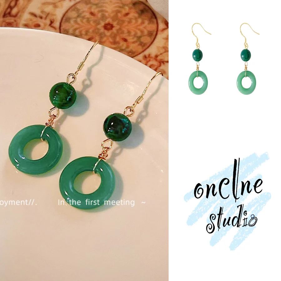 

925 Silver Needles Chinese Style Agate Jade Green Earrings Manual Design for Woman