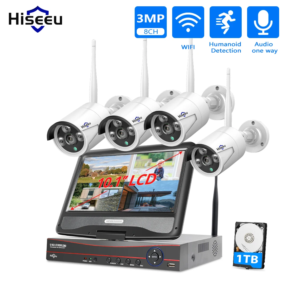 Hiseeu 3MP 8CH Wireless Camera CCTV Kit 10.1" LCD Monitor 1536P Outdoor