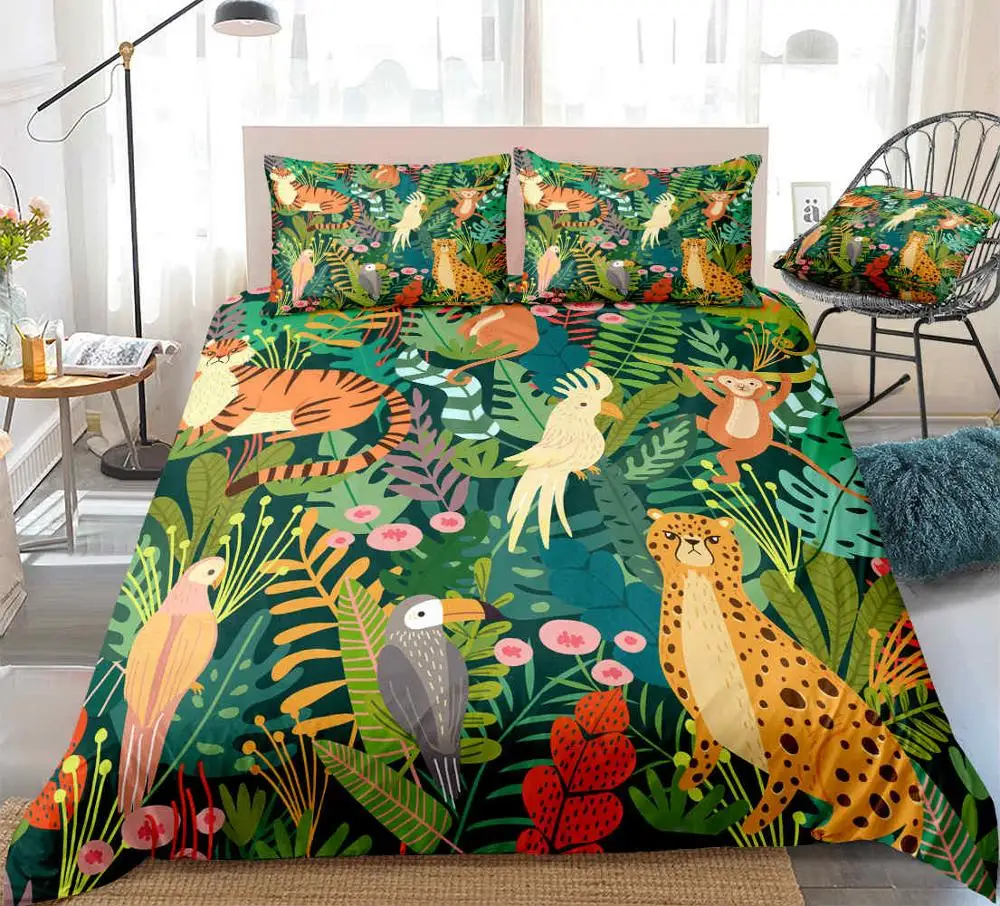 Wild Animal Tropical Plant Palm Tigerkids Trapunta Durex Full King Size 3 Pezzi Copripiumino Biancheria Da Letto Set Bedspread200X200 240 X220