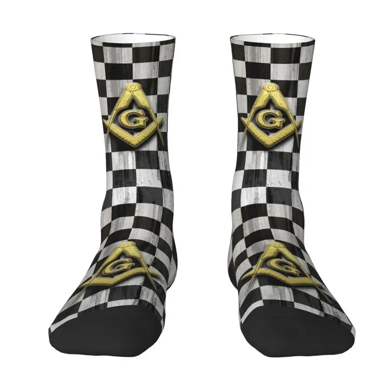 

Square Compass And Checkers Dress Socks for Men Women Warm Fashion Masonic Freemason Crew Socks