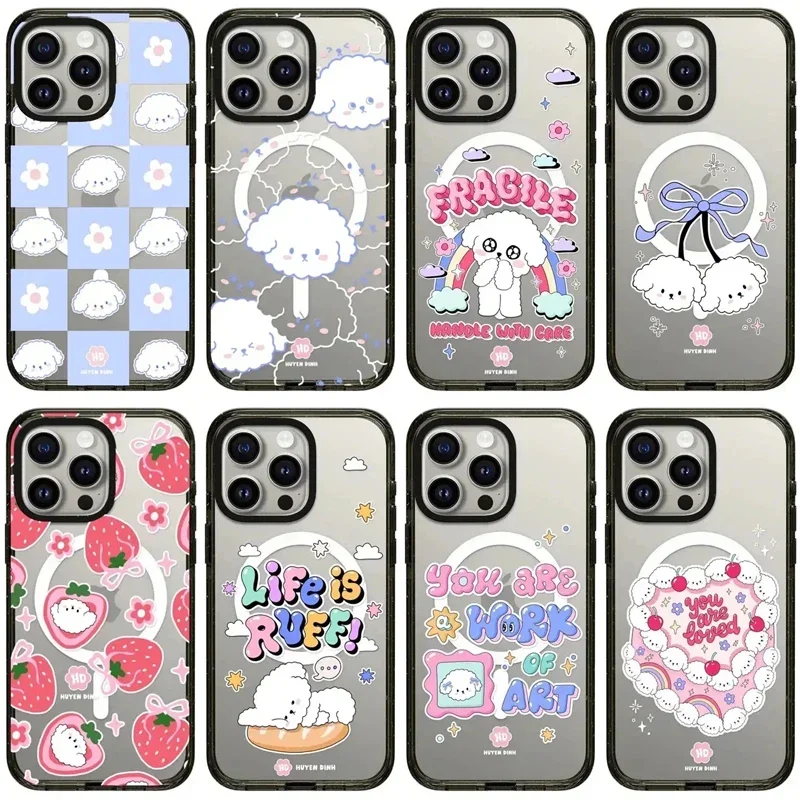 

Cute White Dog Acrylic Black Border Engraved Letters Phone Case Cover for IPhone 11 12 13 14 15 Pro Max Case with MagSafe