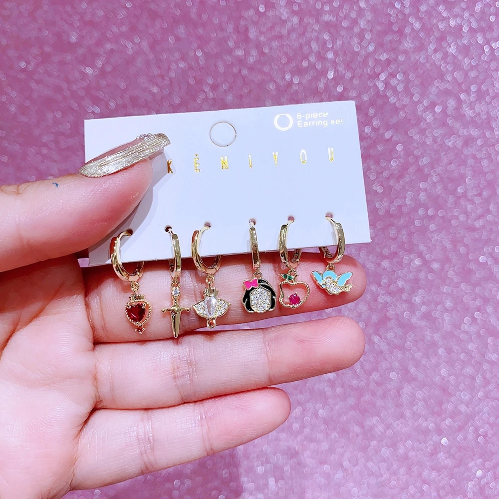 MIGGA 6pcs Lovely Snow White Villain Queen Dangle Earrings Set for Women Gold Plated Cubic Zircon Jewelry 4