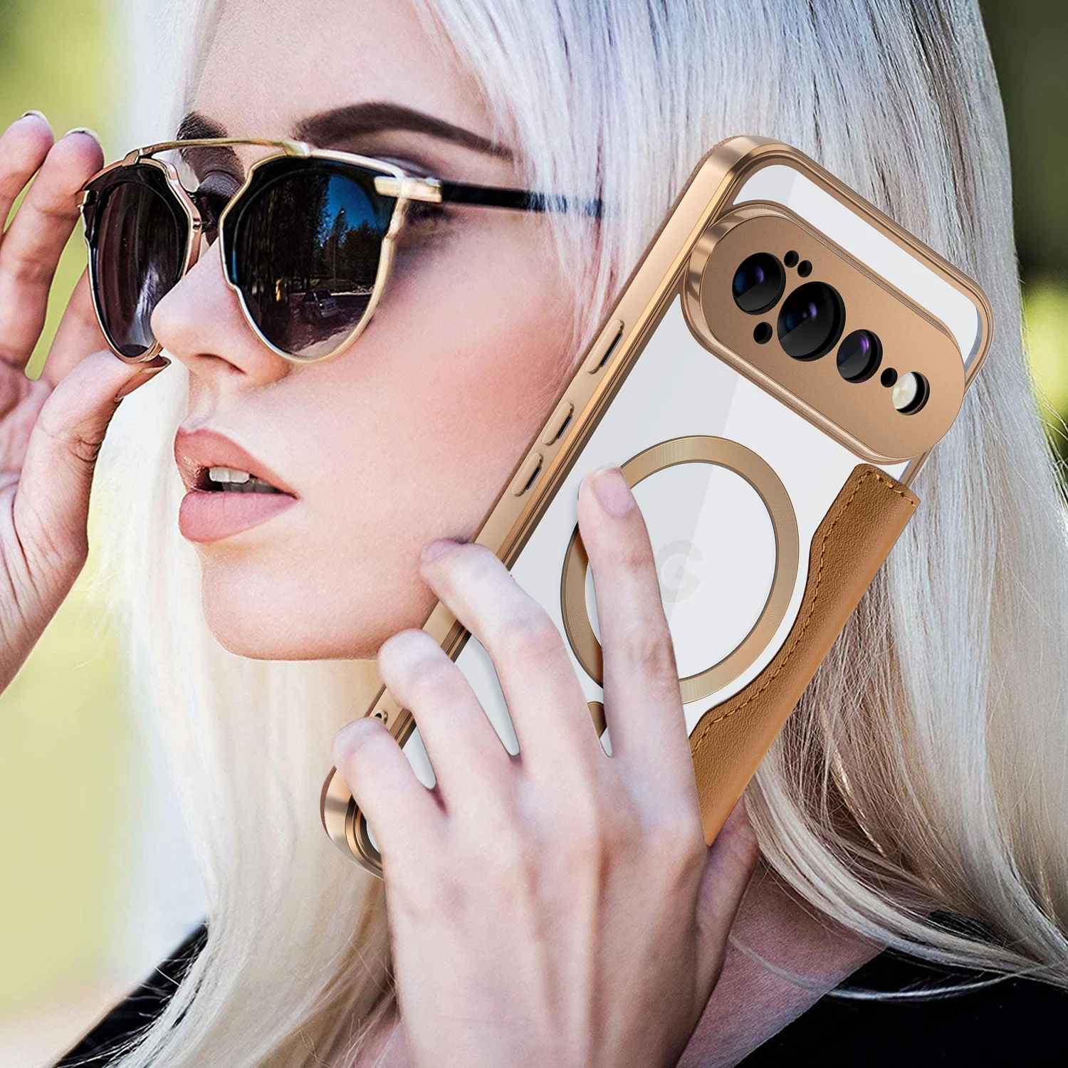 Luxury Leather Wallet Card Clip Clear Phone Case with Magnetic Wireless Charge Flip Cover