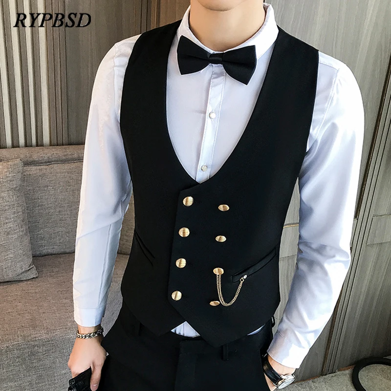 

Mens Suit Vest Double-Breasted Disco Bar Waiter Work Uniform Slim Fit Casual Dress Vest For Men Waistcoat Tuxedo Gilet Homme