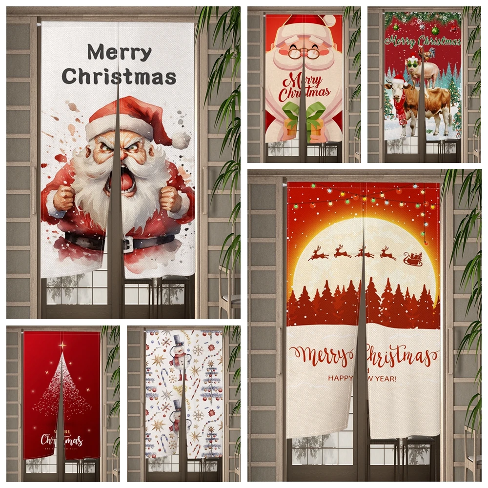 

Merry Christmas Door Curtain Xmas Tree Santa Claus Elk Kitchen Japanese Doorway Partition Curtain Entrance Hanging Half-Curtain