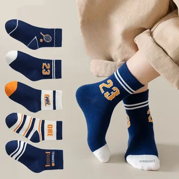 5 Pairs Boys Cotton Sports Socks – Tennis Series, Soft Mid-Crew 1