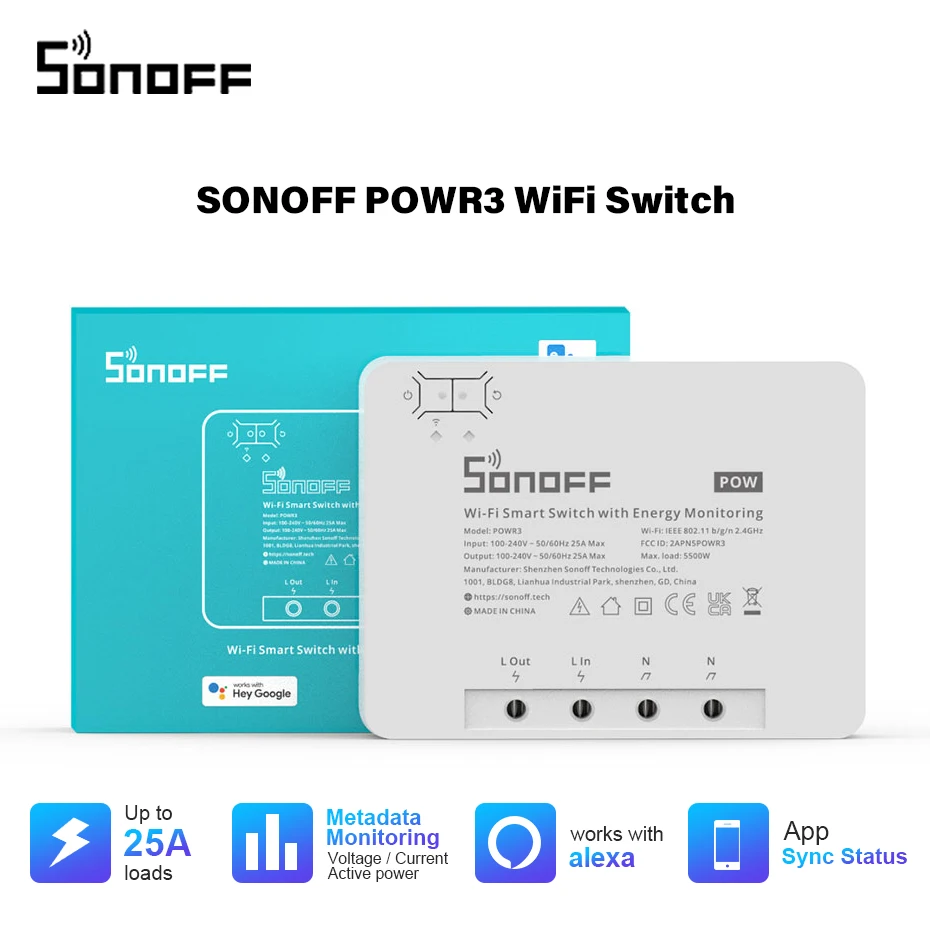 SONOFF POWR3 Interrupteur Connecté WiFi avec Surveillance de l'énergie, 25A/ 5500W Haute Puissance WiFi Smart Switch, Compatible avec Alexa&Google Home Assistant, Smartthings SONOFF POWR3 Interrupteur Connecté WiFi avec Surveillance de l'énergie, 25A/ 5500W Haute Puissance WiFi Smart Switch, Compatible avec Alexa&Google Home Assistant, Smartthings