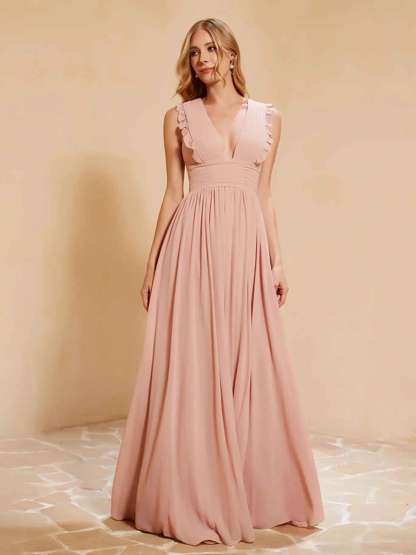 

Plunging V-Neck Ruffles Chiffon Bridesmaid Dress for Wedding With Silt Pleated Sleeveless Cocktail Dresses A-line Evening Gowns