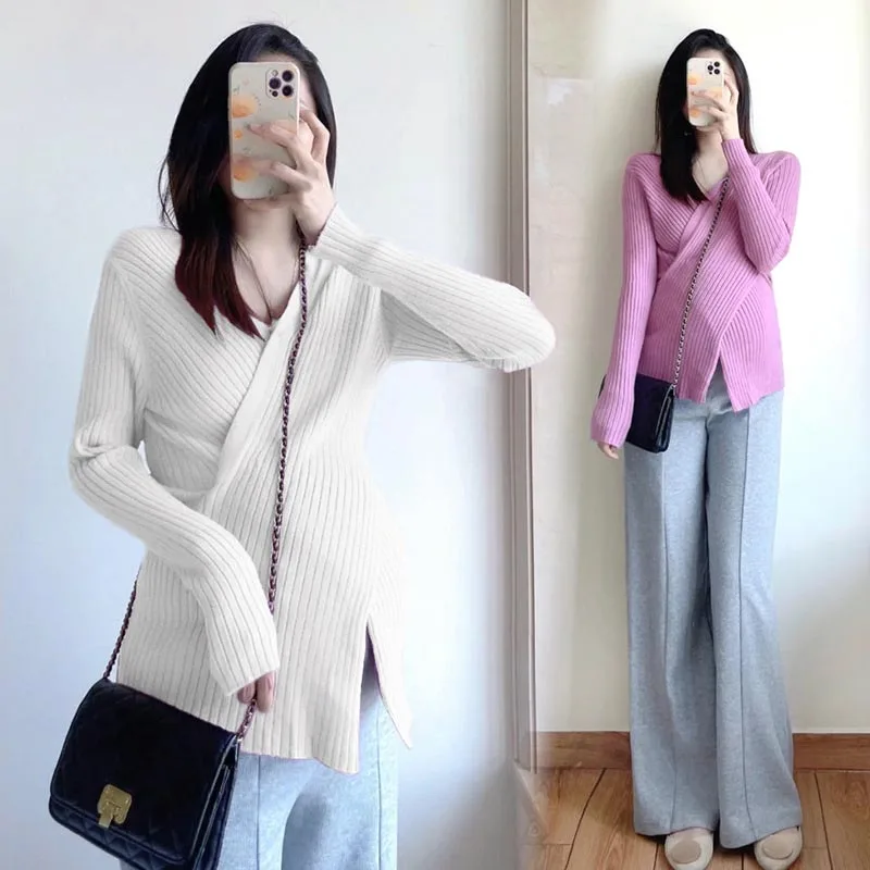 Maternity Sweater Autumn Winter Knitted Sweaters Loose A Line Splits Shirt Clothes for Pregnant Women Postpartum Pregnancy Tops