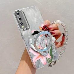 Floral Elegance 3 - Piece Phone Accessory Set: Pink Flowers Case, Lanyard & Stand for Vivo Y17 (Silver)
