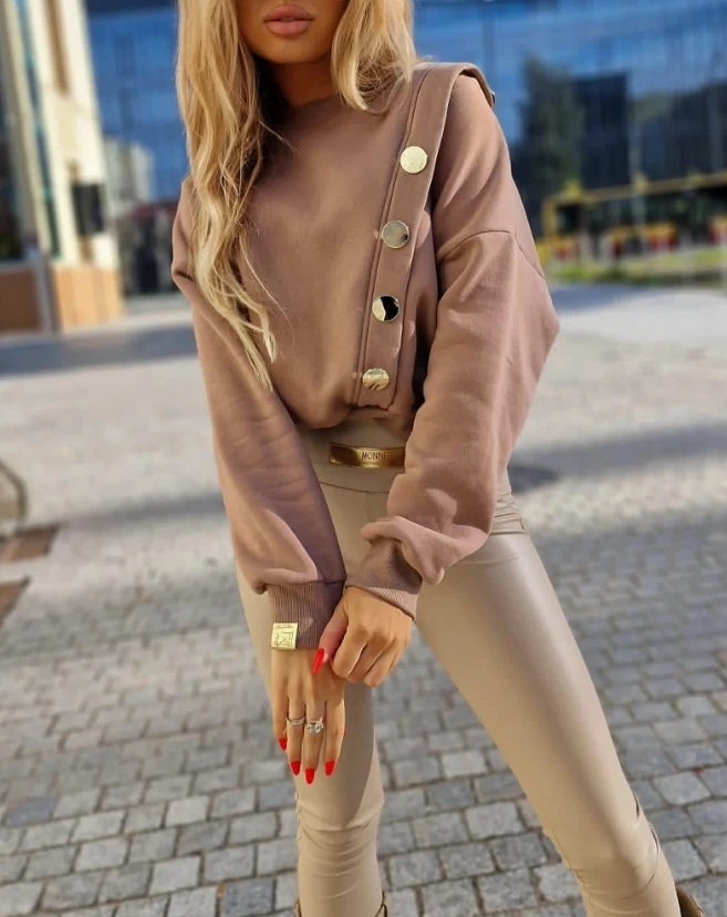 

Women's Sweatshirt 2023 Winter New Fashion Casual Solid Simple Button Design O-Neck Long Sleeve Button Sweatshirt Y2K Clothing