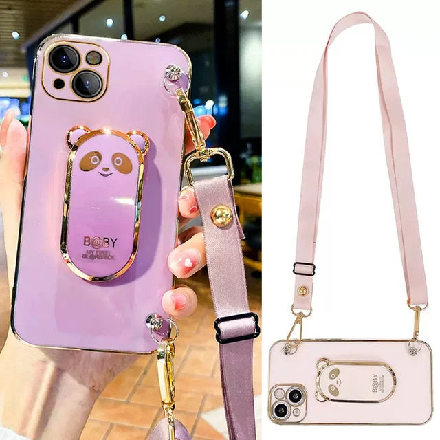 Funda con soporte de Panda con cordón para Xiaomi Redmi Note 11, 11S, 10, 9 Pro, 10S, 9S, 10, 9T, 9A, 9C, Mi POCO X3, F3, M3, 11T, cubierta suave con soporte chapado