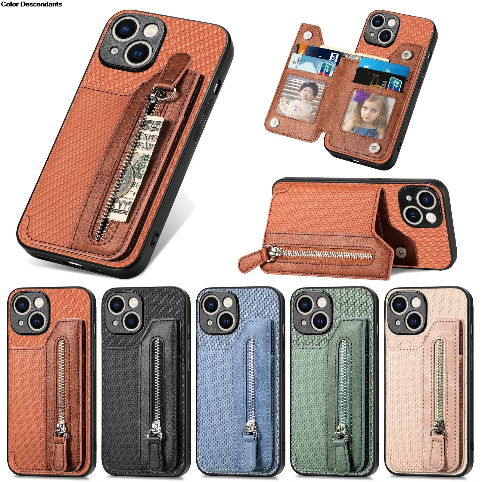 Leather Zipper Wallet Case with Magnetic Card Slots and Flip Cover