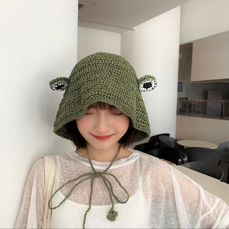

Straw Frog Bucket Hat Female Summer Wild Straw Fisherman Hat Ins Foldable Sun Fishing Hat Camping Accessories Sun Protection