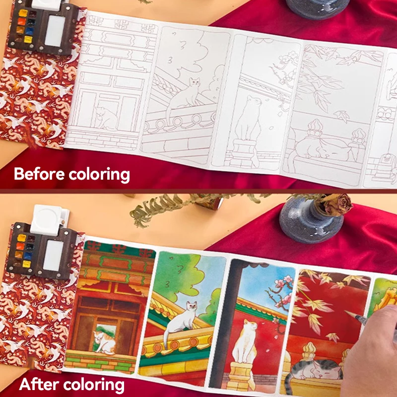 Libro di pittura ad acquerello Blocco da disegno piegato ad acquerello in stile cinese Libro da colorare per organo con pennello Carta per graffiti a guazzo - immagine 4