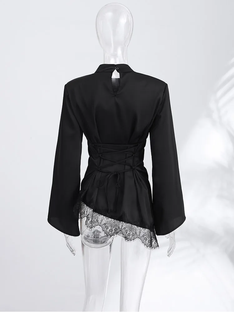 Spitzen-Patchwork Bandage Asymmetrisches Oberteil Damen Elegant O-Ausschnitt Langarm Tailliert Unregelmäßiger Saum Schlanke Tops Damen Partykleidung – Detail 4
