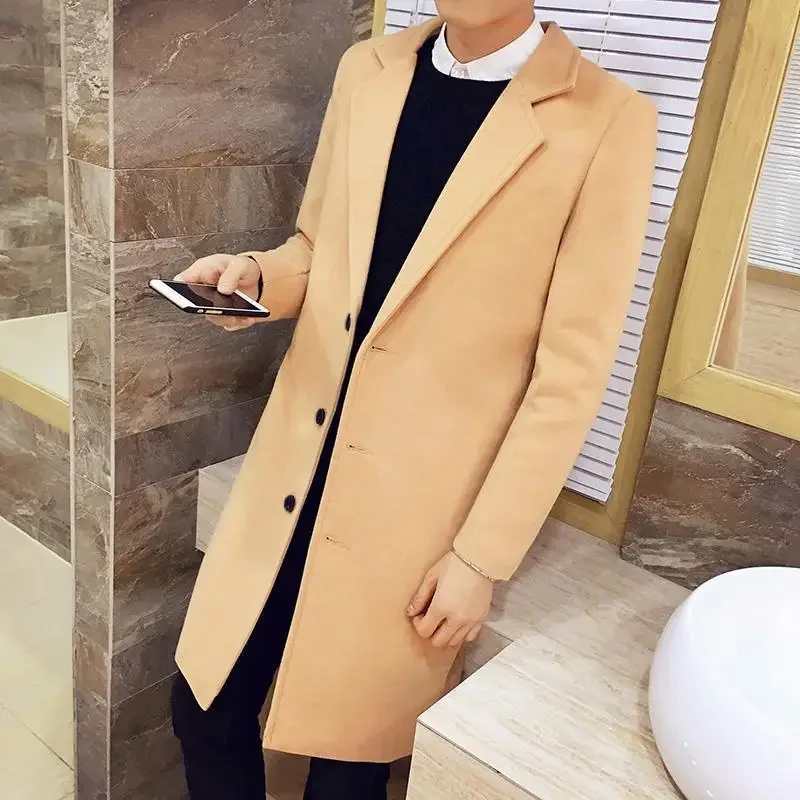 Men's Mid-Length Woolen Coat Casual Autumn Winter Style Windbreaker Outerwear Comfortable Fit Long Coat warmth coat casual men jacket