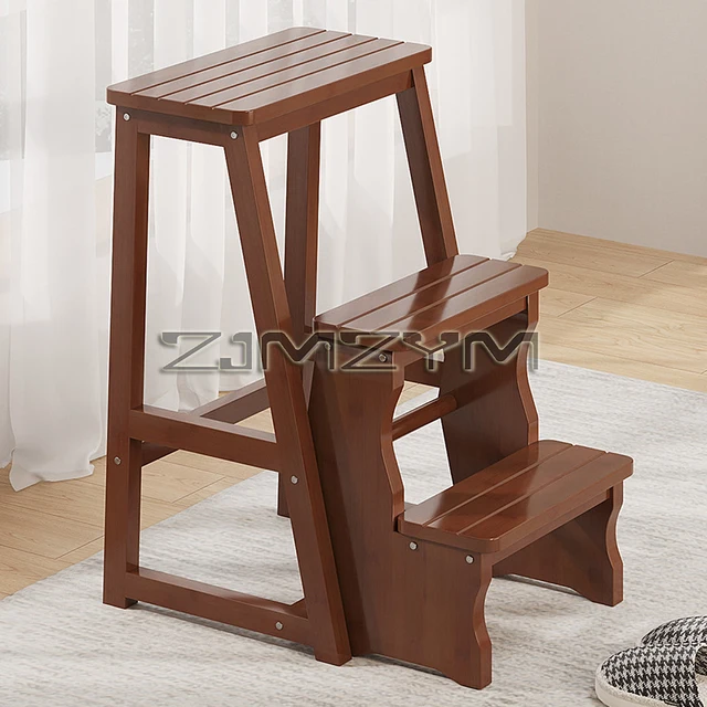Solid Wood Folding Ladder Stool Household Three-step Climbing Stool Dual-use Indoor Multifunctional Step Ladder Stool 2