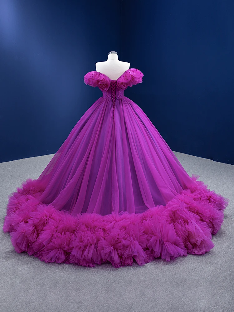 Purple Quinceanera Dresses Ball Gown Off The Shoulder Tulle Pearls Tiered Mexican Sweet 16 Dresses 15 Anos