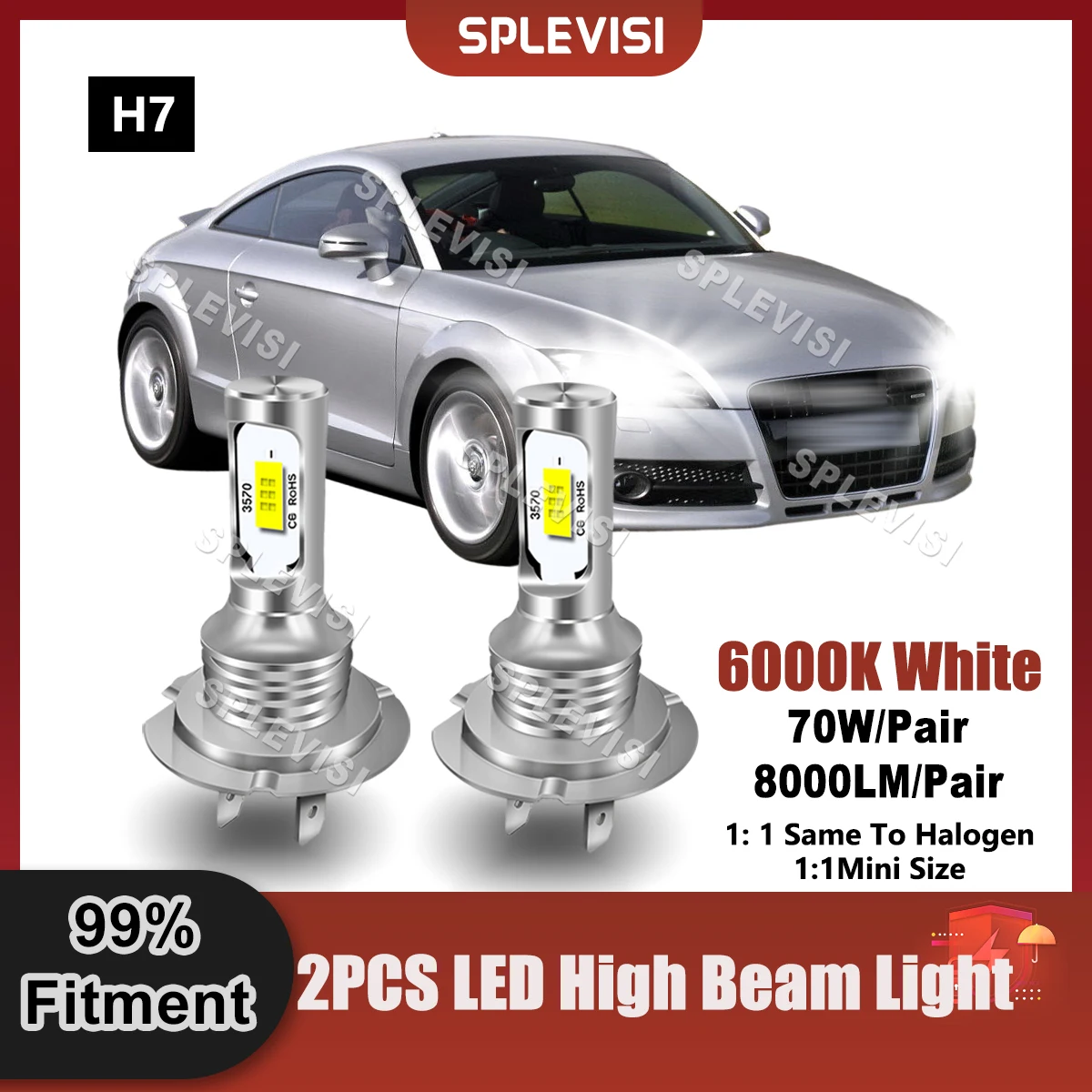 

2PCS LED Headlight High Beam Bulbs 70W 8000LM For Audi TT MK1 8N 1998 1999 2000 2001 2002 2003 2004 2005 2006 Replace High Lamp