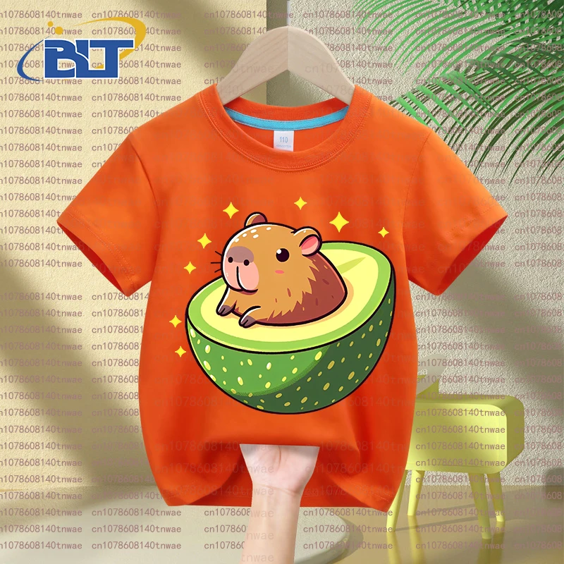 Cute Capybara Avocado print kids summer T-shirt set children's cotton short-sleeved shorts 2-piece set for boys and girls 4