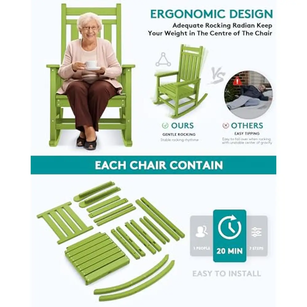 Outdoor Rocking Chair Adults All Weather Resistant Porch Rocker Garden Ergonomic Backrest High Density Polyethylene Lime