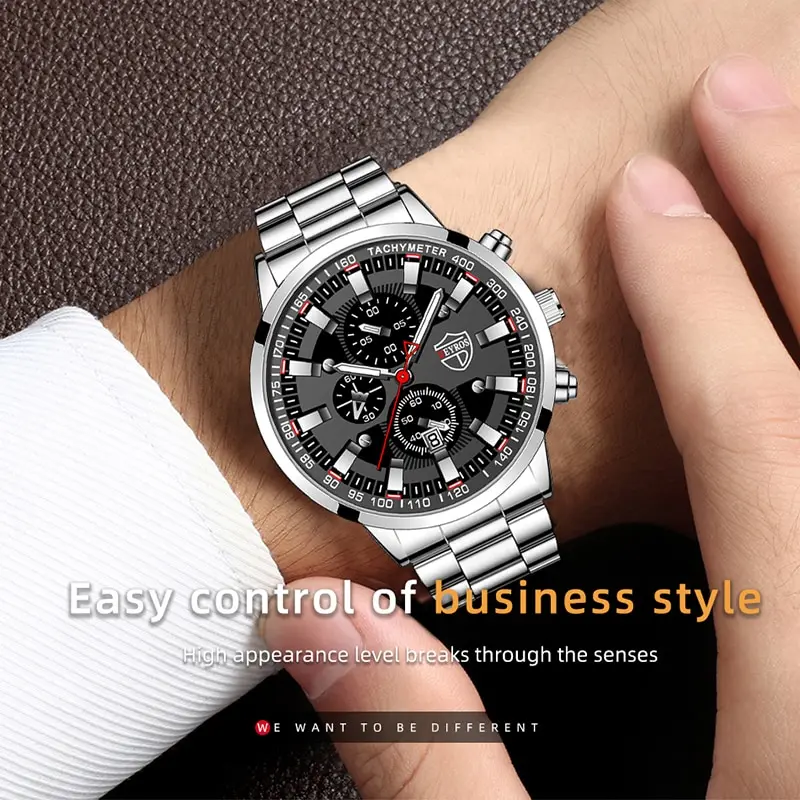 Sports Watch Mens Stainless Steel Quartz Calendar Luminous