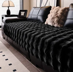 Luxurious Plush Faux Fur Sofa Slipcover - Non-Slip Cushion Cover for Modern Living Room Decor (Black)