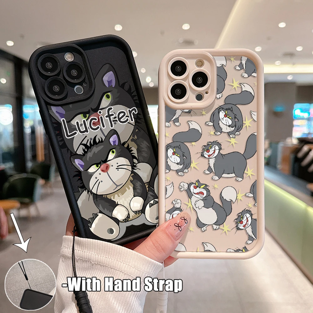 디즈니 귀여운 루시퍼 고양이 전화 케이스, OPPO Reno 2 3 4 5 6 7 7Z 8 8T 10 11 Pro Plus 4G 5G 소프트 TPU 백 커버, 핸드 스트랩 포함