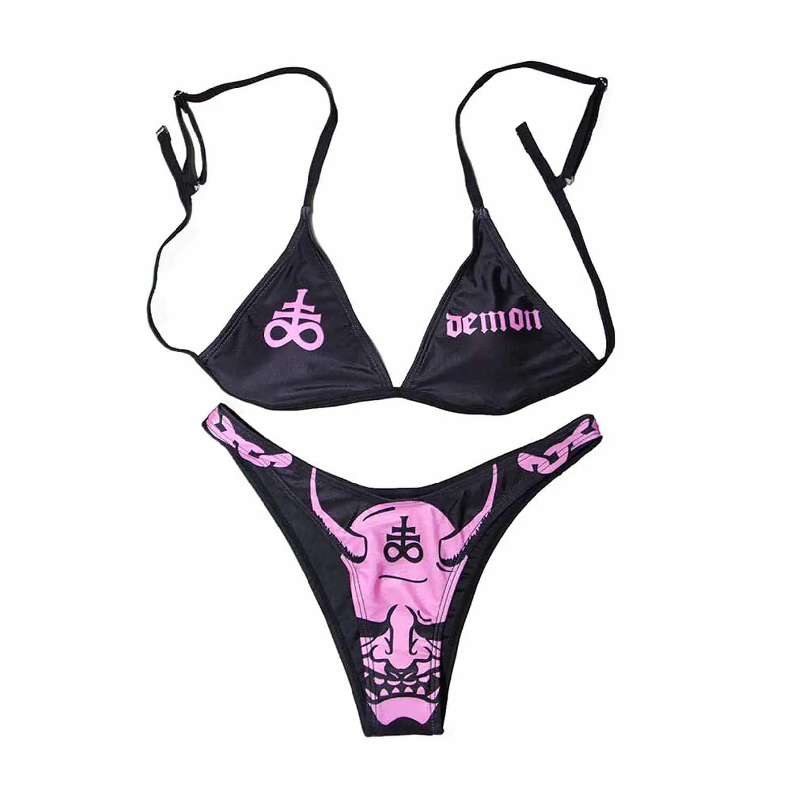 Yiiciovy Summer Sexy Female Swimwear Halloween Letter Cartoon Pattern Print Spaghetti Strap Bikini Sets Swimsuit Bathing Suit