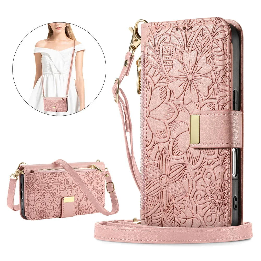 Elegant Leather Crossbody Flip Wallet Phone Case with Card Slots and Wrist Strap