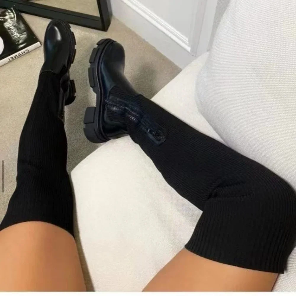 

Женские ботинки на толстой подошве, осенне-зимняя обувь, женские дышащие вязаные носки, женские высокие ботинки до бедра, Женская эластичная обувь