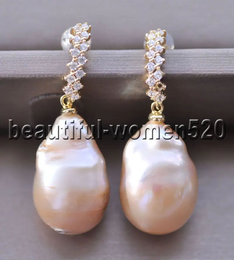 

Z8625 21mm Pink Baroque Keshi Reborn PEARL Dangle Earring CZ