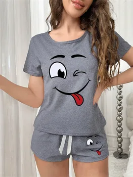 Women Cute smile face Print Pajama 2PCS Short Sleeve Top and Shorts Sleepwear Loungewear Soft Cotton Homewear Summer Nightwear