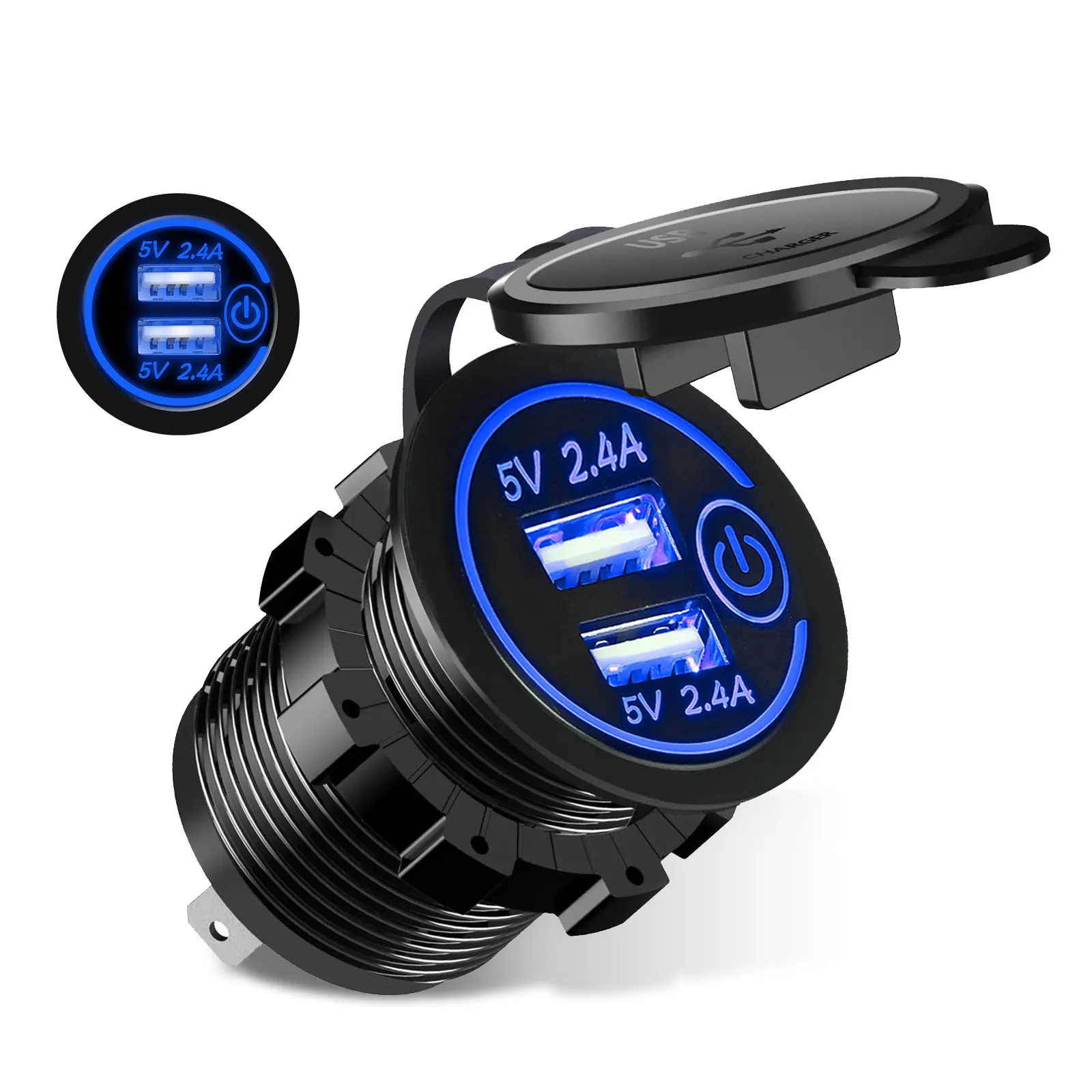 

4.8A Dual USB Charger Socket Fast Charging Power Outlet Adapter with Touch Switch Waterproof for Car Motorcycle Truck RV Boat
