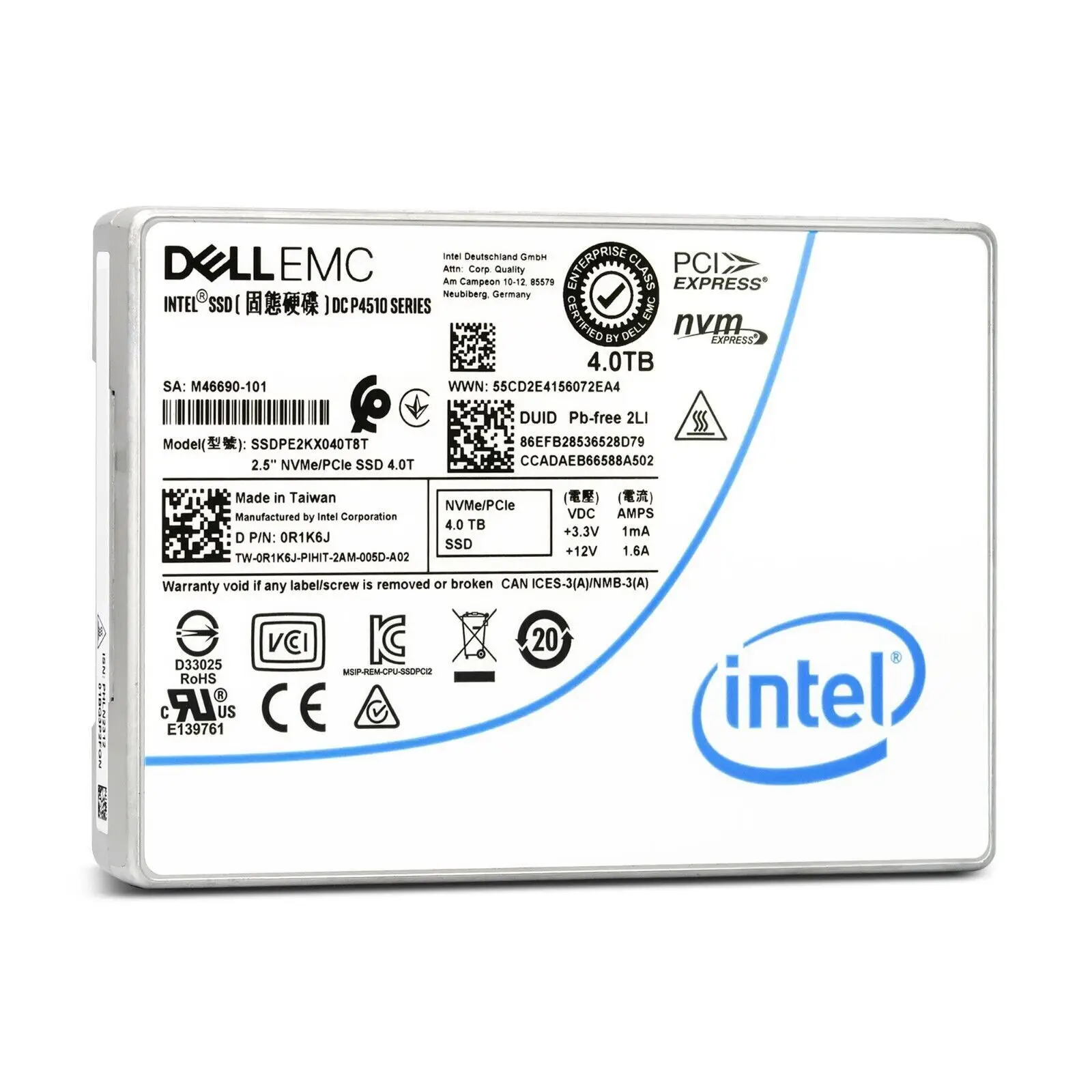 Dell/Intel DC P4510 4TB PCIe 3.1x4 NVMe U.2 2.5 인치 SSD, G14/15/16 트레이