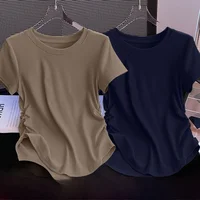 Women's ort Sve T-irt Waist-Cinching Pleated Tead Design Simple Ele Versatile Summer Top Korean Sle Commute Fa...